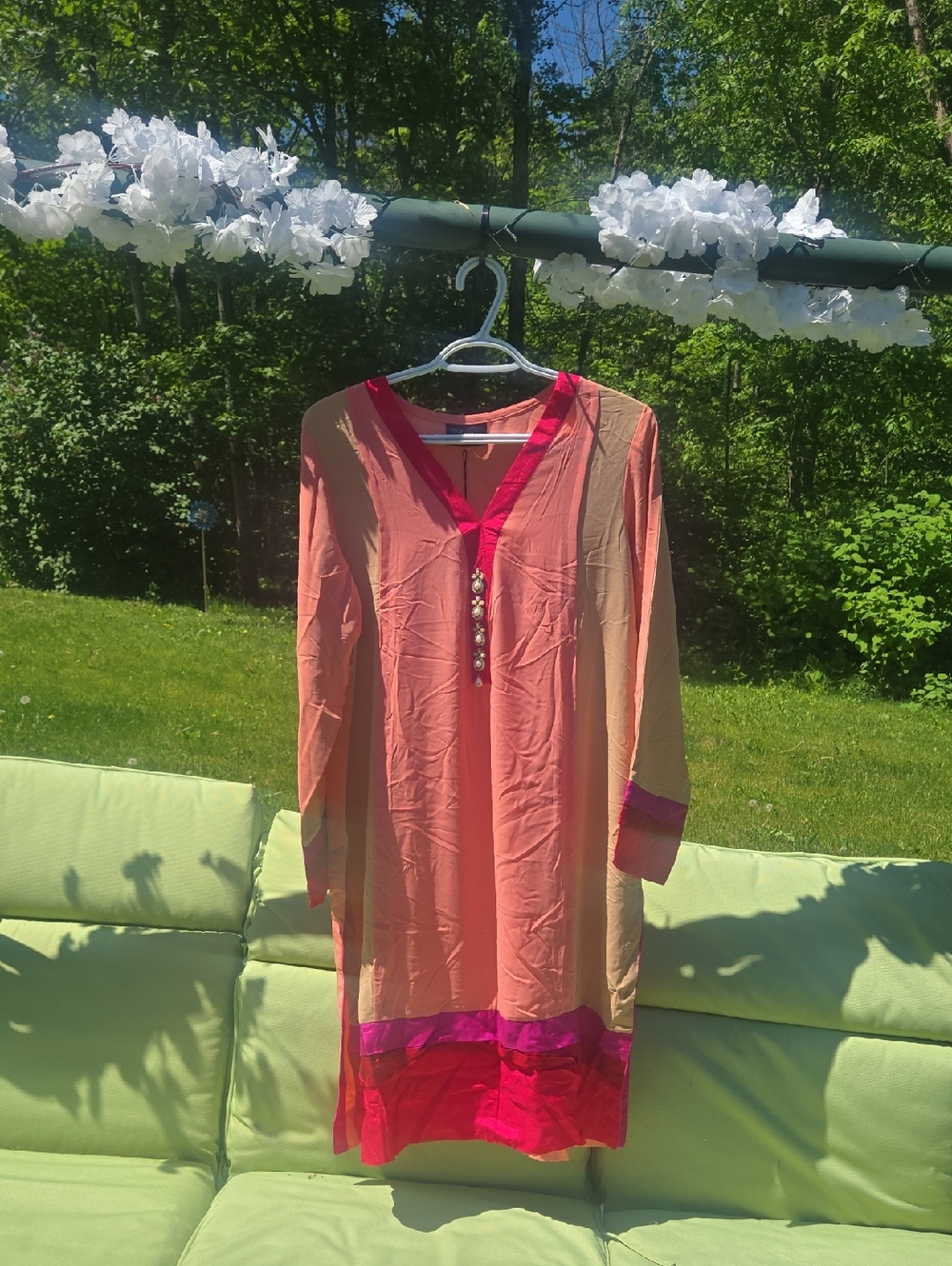 Avenue Peach Silk Kaftan with Hot Pink Trim